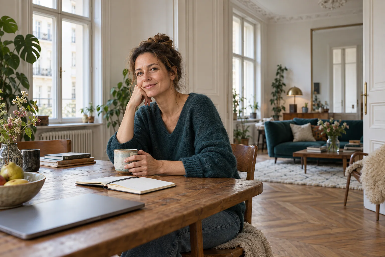 Bewohnerin im hellen Berliner Altbauwohnzimmer